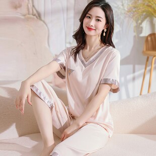 短袖 冰丝睡衣女款 2024年新款 带胸垫一体中老年妈妈夏装 家居服 夏季