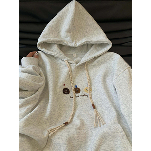 日系复古卡通植绒灰色连帽卫衣女薄款秋季设计感抽绳宽松外套上衣