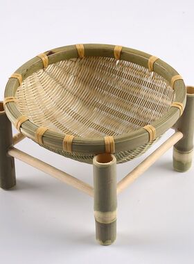 手工竹编制品小竹篮子圆形架子簸箕酒店餐厅零食水果盘馒头筐