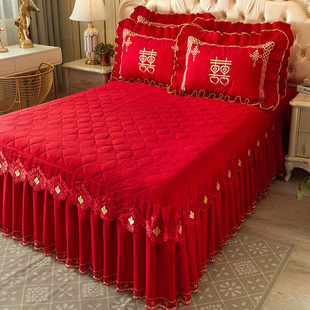 婚庆大红色全棉夹棉床裙床罩单件纯棉床单加厚刺绣花边保护套防滑