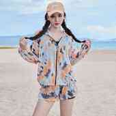 长袖 新款 微胖泳衣女分体三件套罩衫 防晒连帽拉链ins风潮酷显瘦