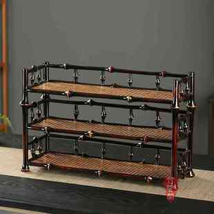 竹柒阁大漆筇竹杯架竹编茶棚桌面摆件博古架茶具收纳架展示架茶架