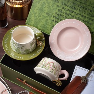 送礼物陶瓷杯花茶杯碟结婚乔迁送礼结婚礼物情侣杯子 咖啡杯碟套装