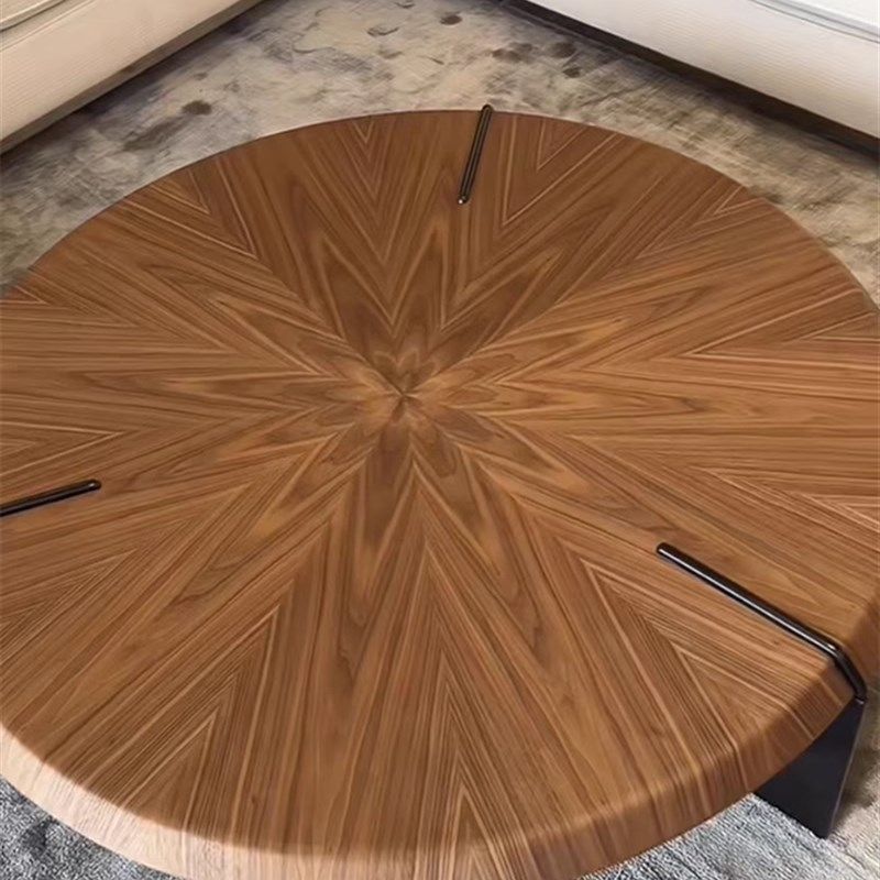 意大利极简主义胡桃色咖啡桌组合现代简约小公寓圆形咖啡桌不锈钢