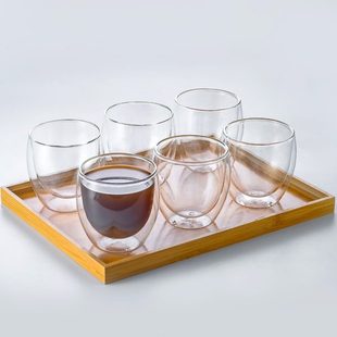 简约喝水杯子透明加厚 泡茶杯家用客厅防烫咖啡双层隔热玻璃杯套装