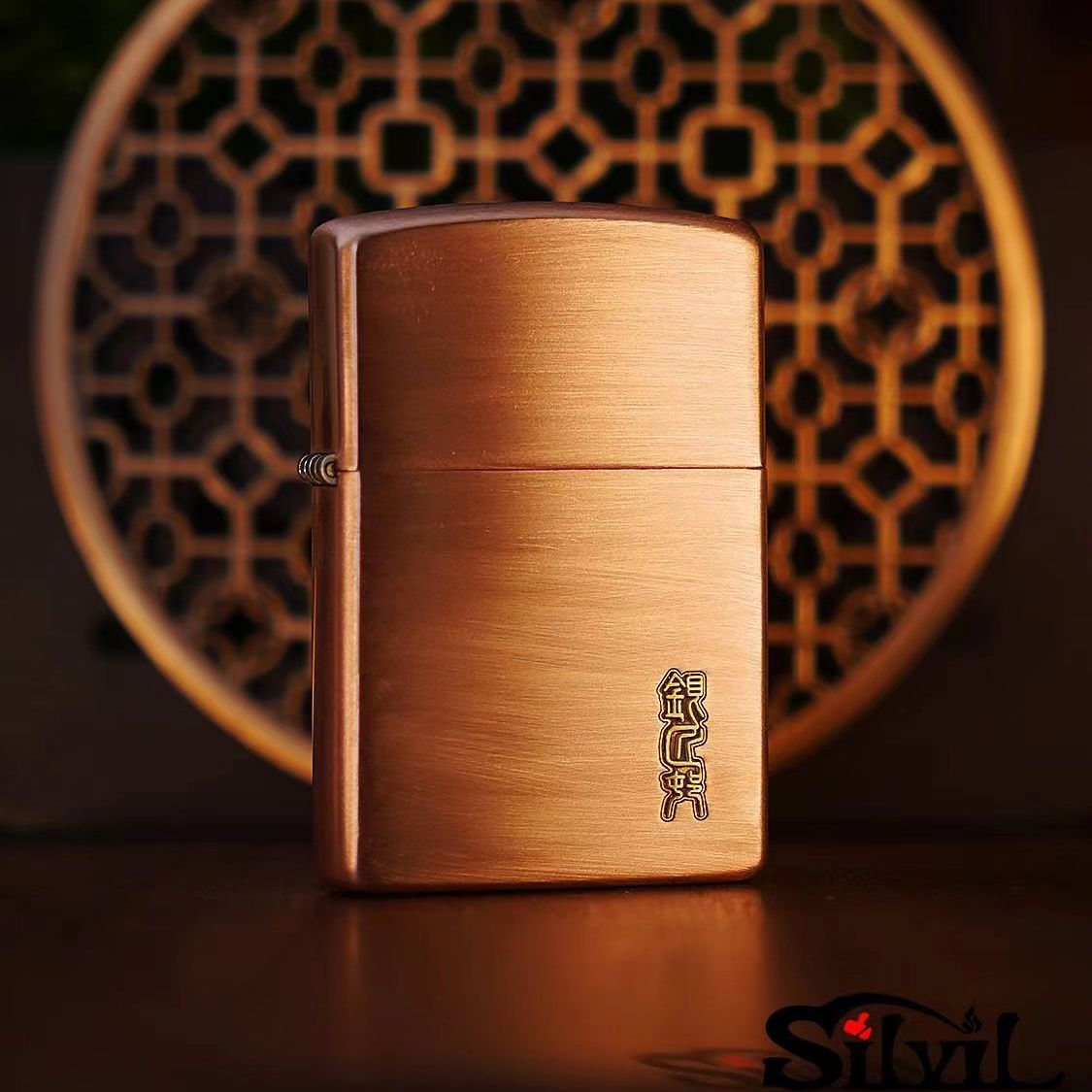 银匠村火机紫铜拉丝光板镶嵌标志紫铜打火机高颜值防风煤油送礼物