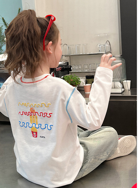 童装潮搭白色圆领女童洋气炸街长袖打底T恤儿童上衣春装秋季新款