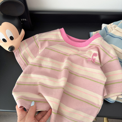儿童装女童男童夏装条纹短袖T恤刺绣夏季中小童夏款男孩棉质痞帅t