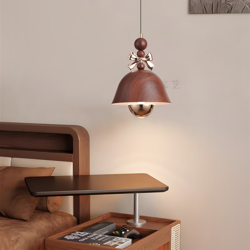 中古风铃铛卧室床头吊灯覆古胡桃木纹餐厅吧台灯创意设计师氛围灯