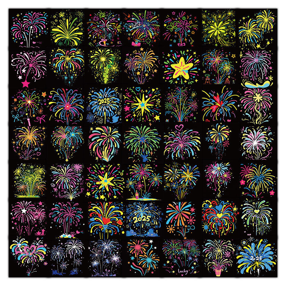 100张烟花贴纸新年春节彩绘绚烂卡通图案创意装饰手机壳防水贴画