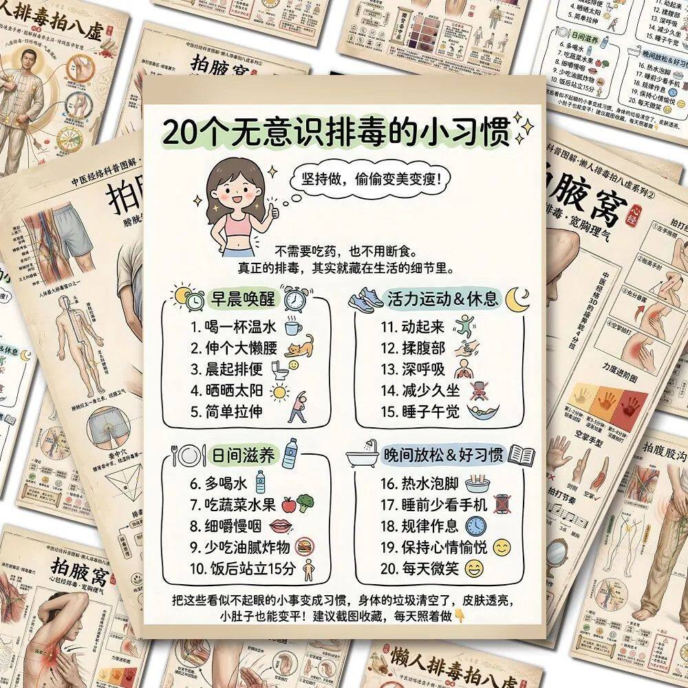 24张拍腋窝穴位贴纸排毒图解个性素材贴纸中医经络居家养生贴画