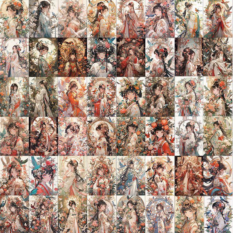 60张国风少女贴纸高颜值爆款ins国潮装饰桌面手机壳手账贴画防水