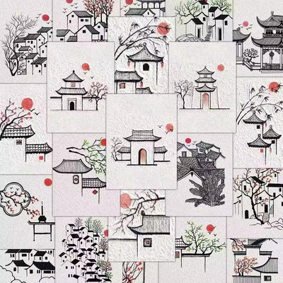 320张古村一隅贴纸中国风简笔高颜值简约山水风景装饰笔记本贴画