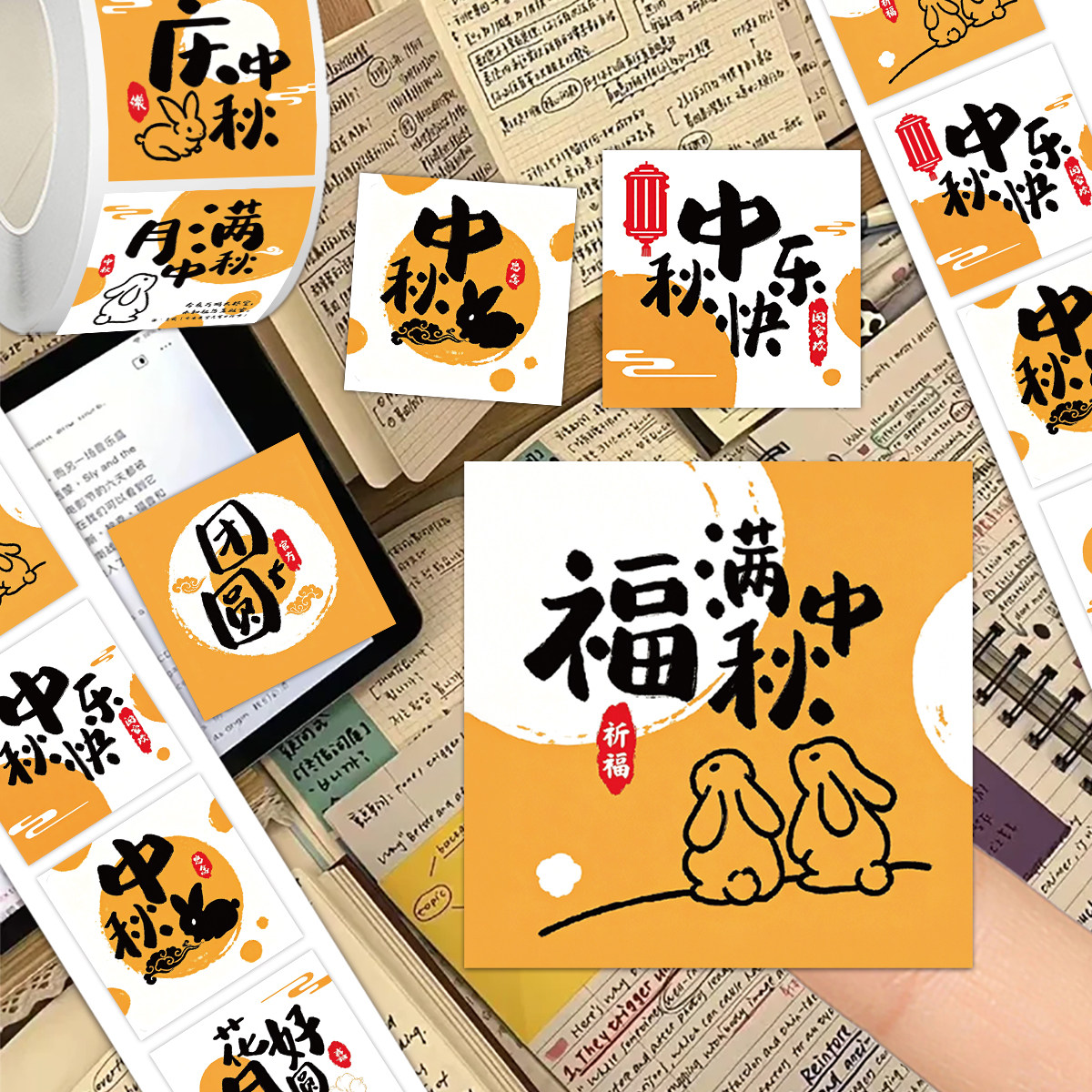 中秋新中式玉兔祝福贴纸手账贴画