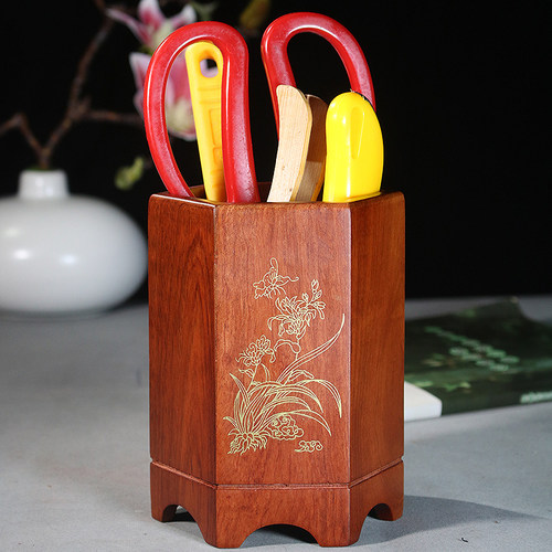 复古中式木质创意笔筒实木大笔插办公文具用品桌面收纳桶