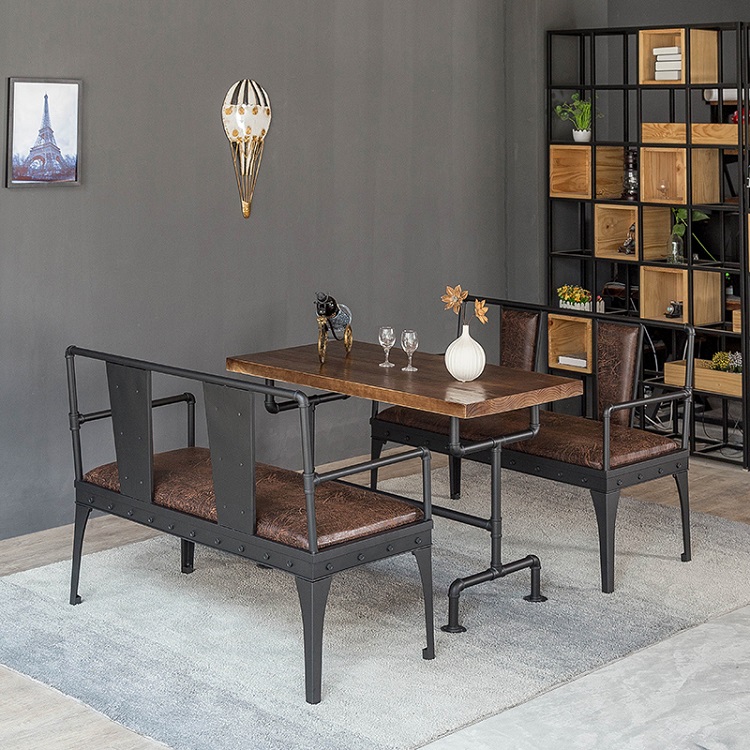 复古铁艺实木餐桌工业风水管咖啡厅酒吧桌椅组合休闲卡坐沙发桌椅