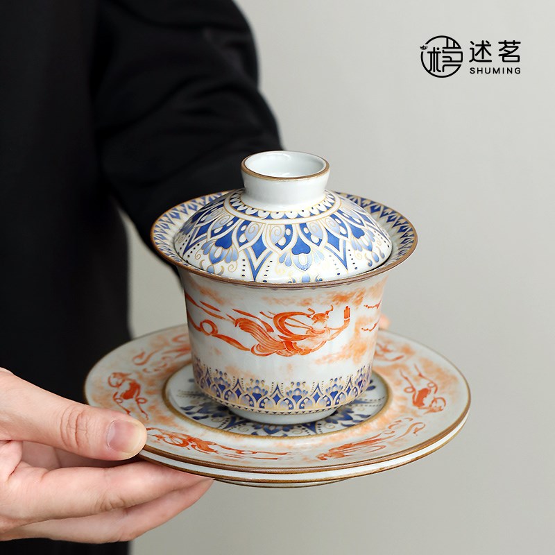 敦煌飞天汝窑三才盖碗陶瓷家用功夫茶具茶杯主人杯大容量茶盏茶碗