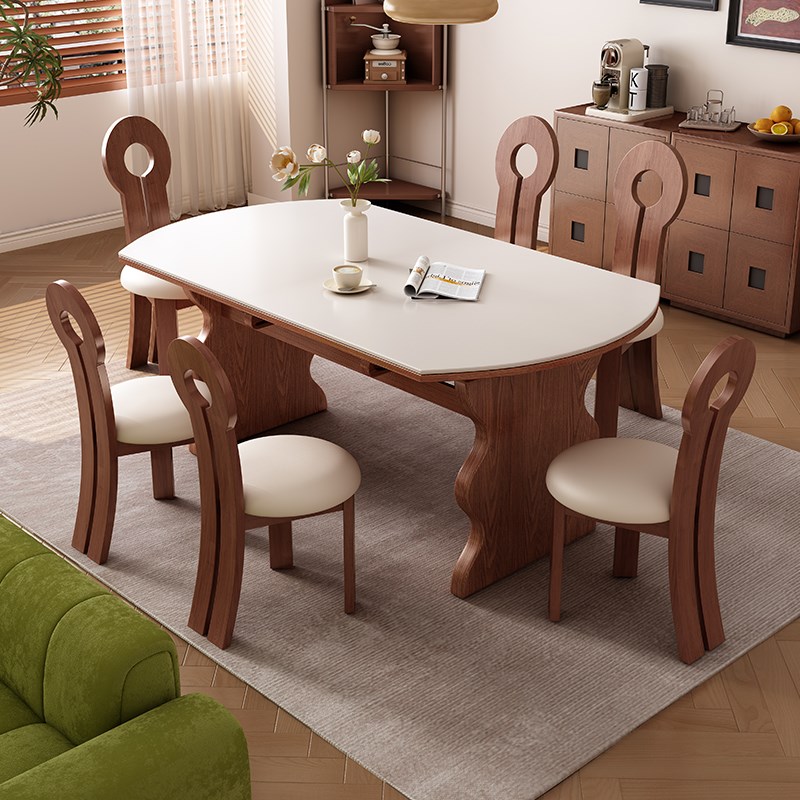 政府补贴馨佰利实木岩板餐桌家用可变圆桌中古风小户型伸缩吃饭桌