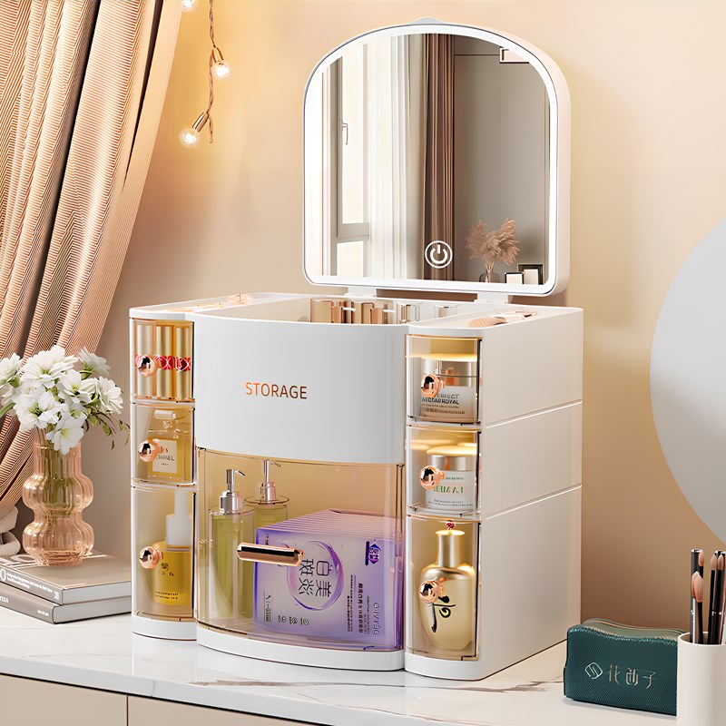 化妆品收纳盒家用大容量梳妆台桌面护肤品整理箱柜防尘带镜子一体