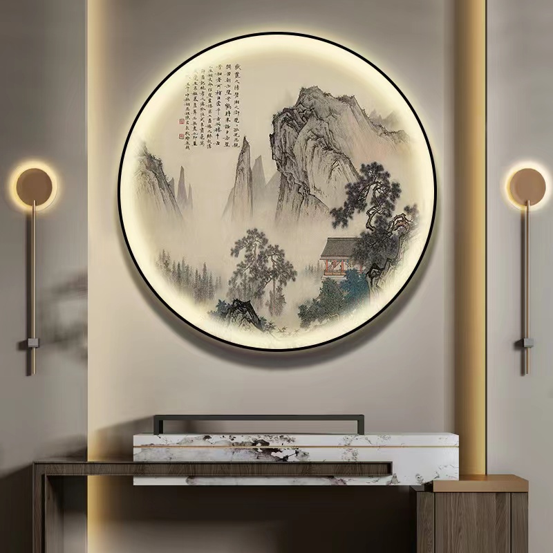 新中式入户玄关装饰画办公室书房圆形带灯壁画茶室走廊山水挂画图片