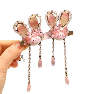 汉服发饰串珠珍珠兔子耳朵国风新中式儿童发夹古风流苏头饰