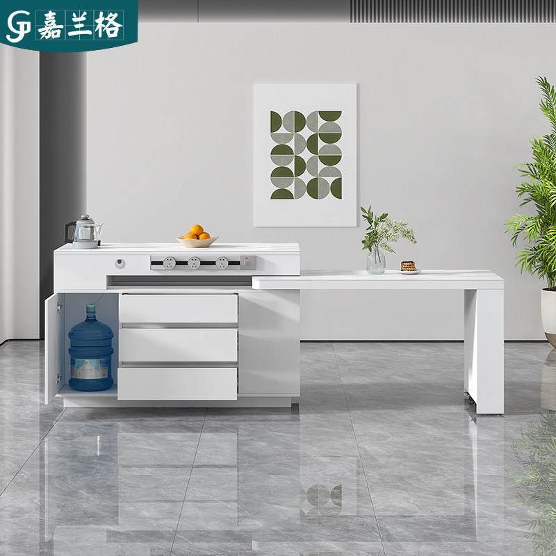 奶油风旋转岛台餐桌一体可伸缩开放式吧台厨房家用岩板中导台定制