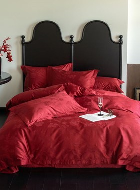 100支大红色婚庆提花玫瑰花全棉细腻裸睡结婚四件套1.5m1.8米纯棉