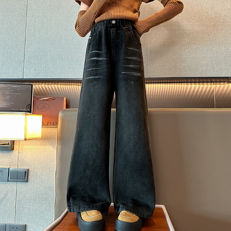 女童裤子春秋款2024新款秋装12岁大童时尚黑色直筒阔腿儿童牛仔裤