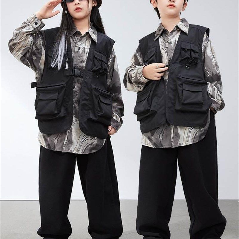 男女童潮酷街舞服机能多口袋马甲工装衬衫套装嘻哈少儿演出服套装,童装/婴儿装/亲子装,儿童演出服,淘宝优惠券,粉丝福利购,淘宝优惠卷