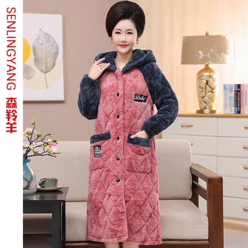 珊瑚绒睡袍女秋冬季款加厚妈妈睡衣三层夹棉长款浴袍法兰绒家居服