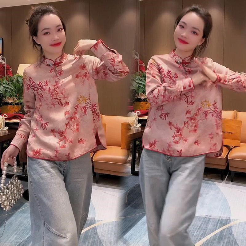 新中式国风盘扣衬衫女2024秋季新款高级感时尚碎花气质缎面上衣潮,女装/女士精品,衬衫,淘宝优惠券,粉丝福利购,淘宝优惠卷
