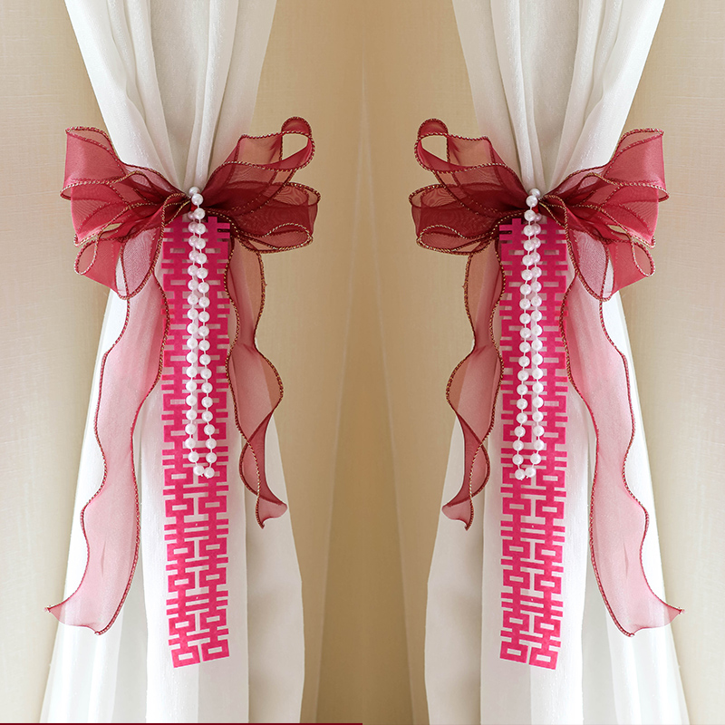 新房婚房布置网红套装饰结婚卧室酒店出嫁男女方窗帘绑带中式喜鹊
