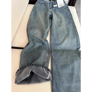 复古蓝直筒牛仔裤女秋冬加绒加厚高腰胖妹妹mm高腰宽松显瘦阔腿裤