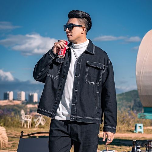 GxxH大码男装男士翻领牛仔夹克2023秋冬新款休闲宽松短款上衣外套