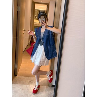 爱情魔鬼鱼 时尚两件套装女2024夏季新款牛仔马甲+白色蕾丝半身裙