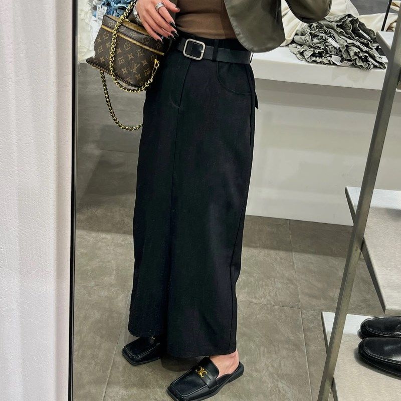 黑色西装半身裙女夏季中长款A字裙高腰百搭配腰带小个子开叉长裙