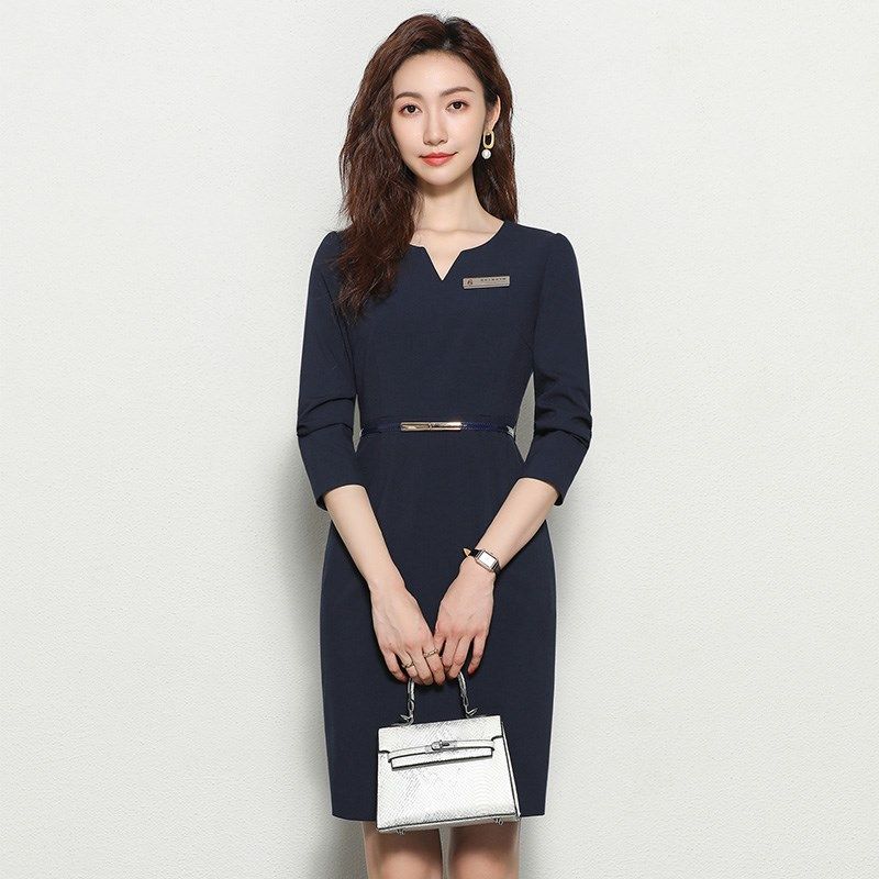 2024年春夏空姐制服职业装气质长袖连衣裙美容院售楼部正装工作装