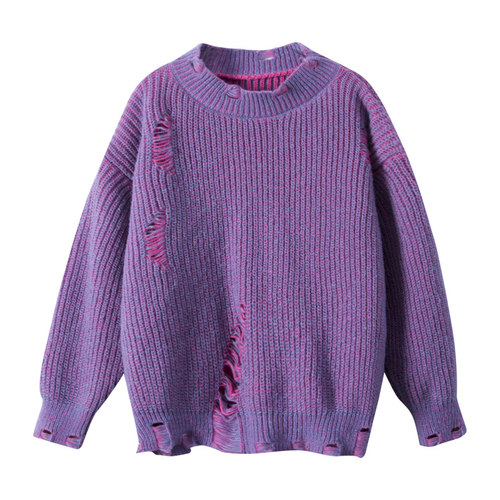 男童秋冬装紫色半高领破洞加厚毛衣2023新款儿童男孩冬季针织衫潮