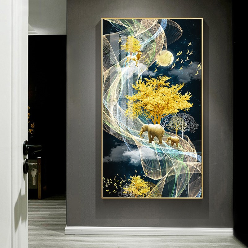 客厅装饰画新中式沙发背景墙竖版摇钱树玄关卧室轻奢镶钻晶瓷画图片