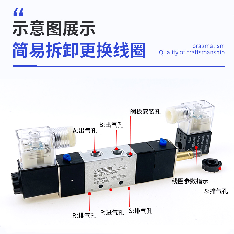 三位五通双线圈电磁阀4V230C-08 AC220V/130-06/330P-10/430E-15