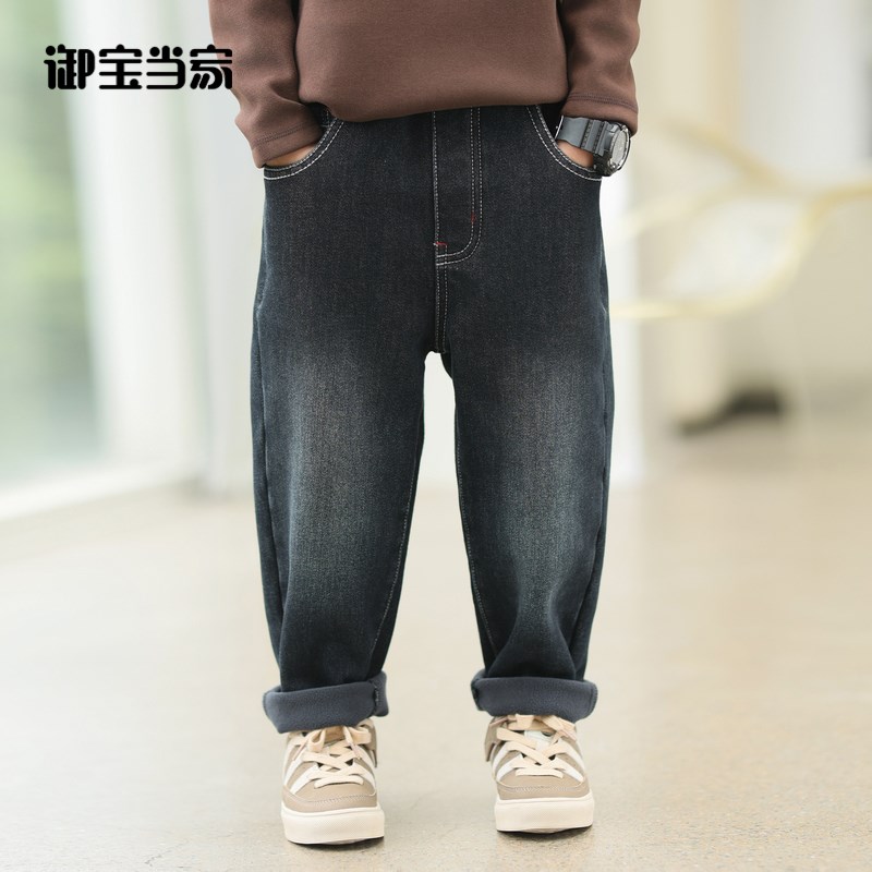 御宝当家童装男童加绒裤子2024新款冬季儿童牛仔裤中大童男孩冬装