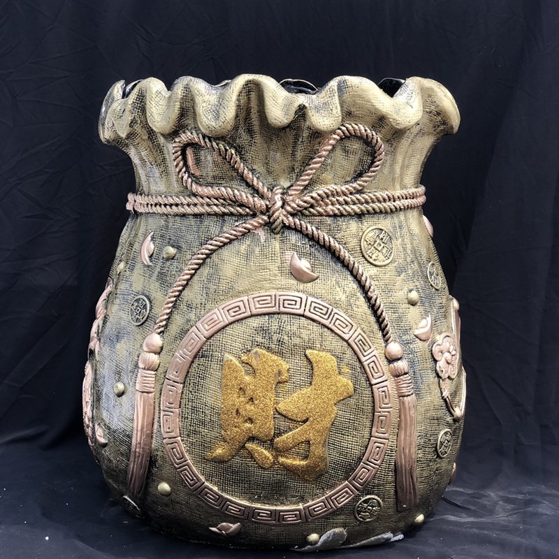 仿陶瓷花盆氧化镁聚宝盆特大号古铜色钱袋招财进宝浮雕花盆发财树