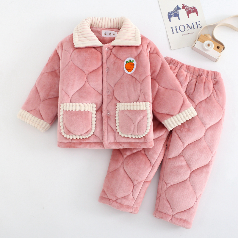 秋冬季法兰绒儿童睡衣加厚夹棉男孩女童珊瑚绒宝宝男童家居服套装