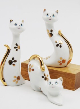 简约创意陶瓷可爱卡通小猫手工描金时尚婚庆礼品客厅桌面家居摆件