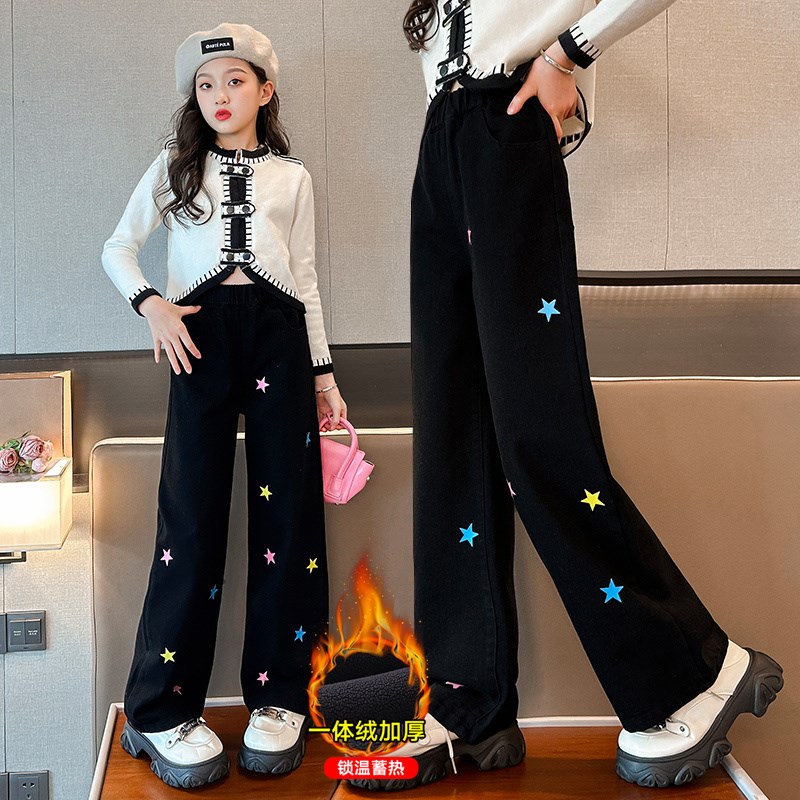 女童牛仔裤秋冬装2024新款女大童直筒阔腿裤儿童冬季加绒加厚裤子