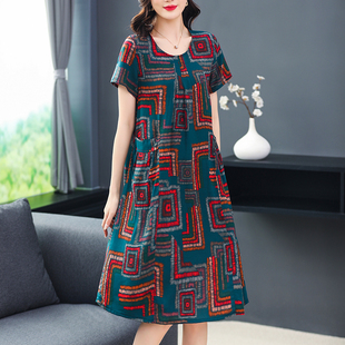 中老年大码 连衣裙休闲短袖 女装 中长款 裙子 妈妈装 棉绸夏季 气质新款