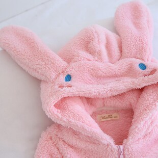 儿童冬季加厚法兰绒长毛绒连帽兔子拉链睡袍可爱女童亲子装家居袍