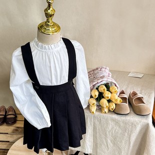 女童百搭花边白色衬衫可爱背带百褶裙套装女宝宝衬衣背带裙学院风