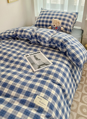 北欧蓝小格宿舍全棉床笠90190大学生薄床垫套0.9纯棉床罩三件套