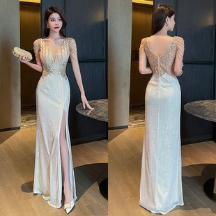 晚礼服女宴会气质轻奢小众闪亮高端大气高级感主持年会金色开叉裙